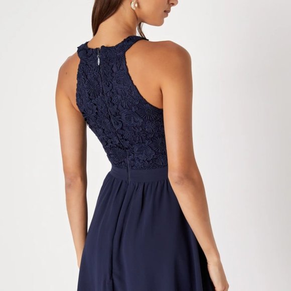 LULU'S navy blue Lovers Game lace chiffon swing dress, size S - Picture 3 of 10